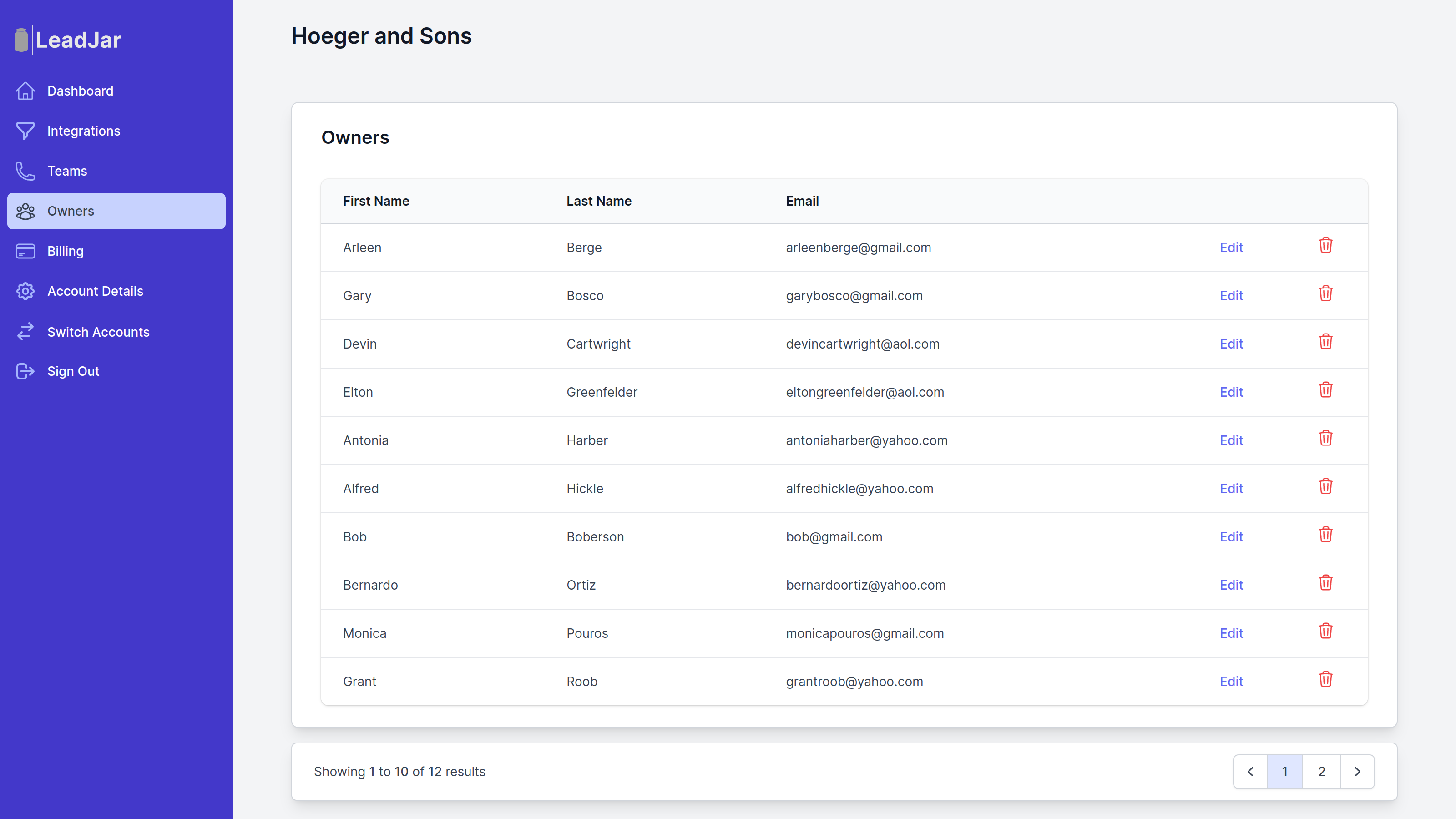 LeadJar Owners table